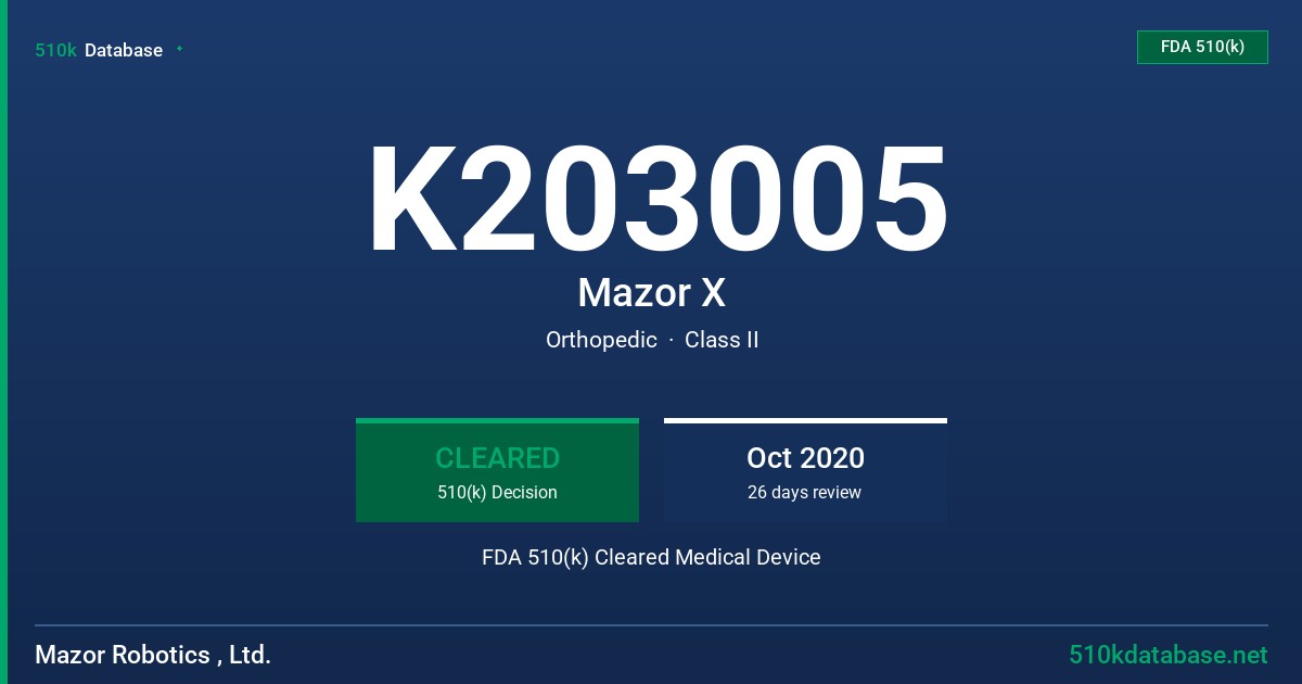 K203005 Mazor X FDA 510(k) Cleared Medical Device