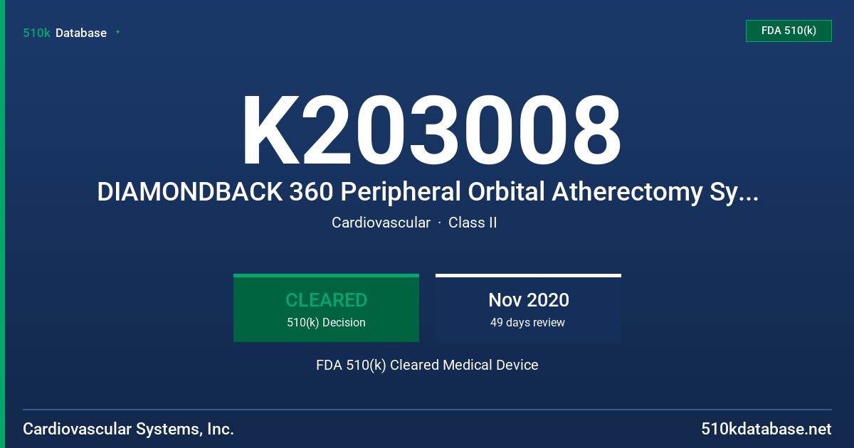 K203008 DIAMONDBACK 360 Peripheral Orbital Atherectomy System, DIAMONDBACK 360 Peripheral Orbital Atherectomy System, Exchangeable Series, Stealth 360 Peripheral Orbital Atherectomy System FDA 510(k) Cleared Medical Device