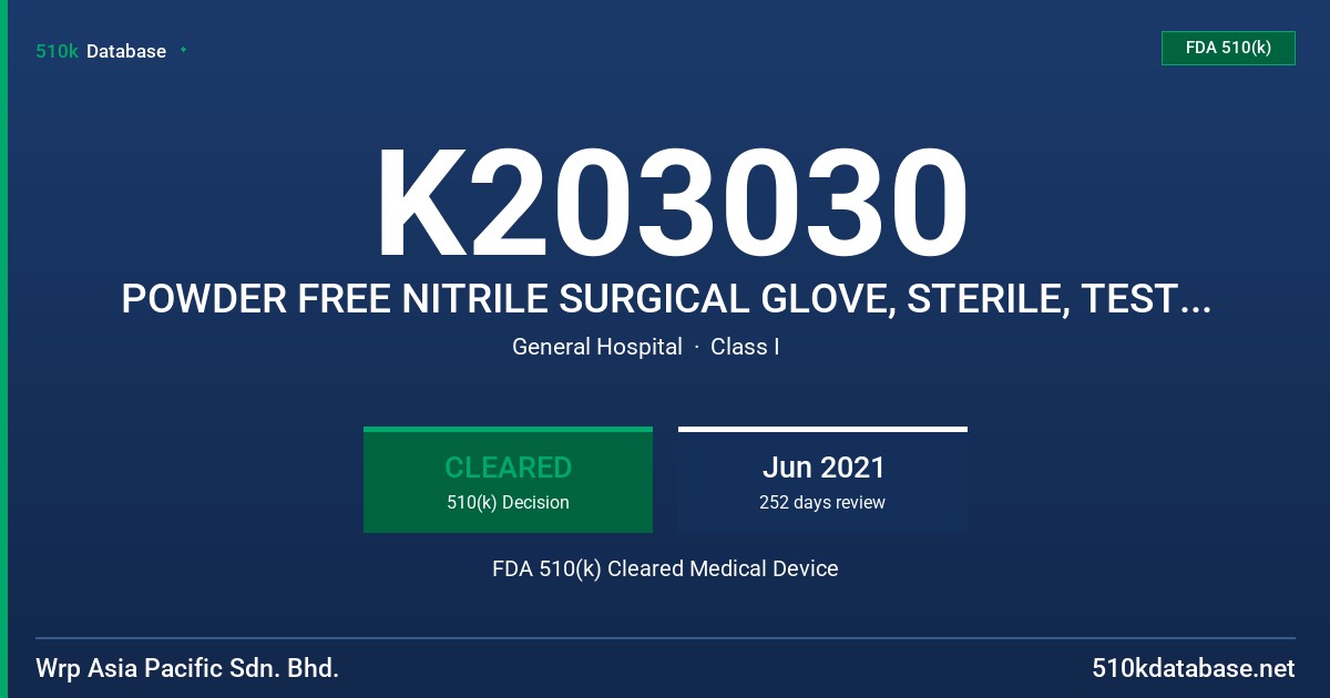 K203030 POWDER FREE NITRILE SURGICAL GLOVE, STERILE, TESTED FOR USE WITH CHEMOTHERAPY DRUGS FDA 510(k) Cleared Medical Device