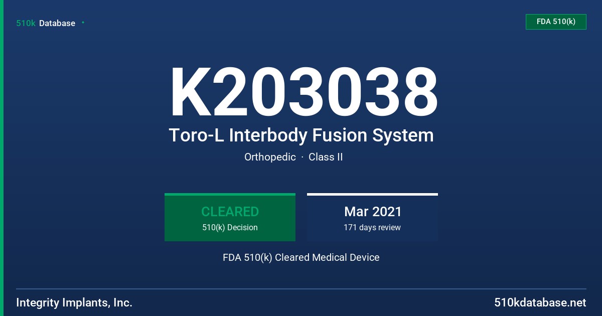 K203038 Toro-L Interbody Fusion System FDA 510(k) Cleared Medical Device
