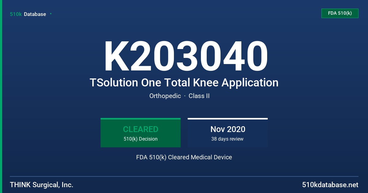 K203040 TSolution One Total Knee Application FDA 510(k) Cleared Medical Device