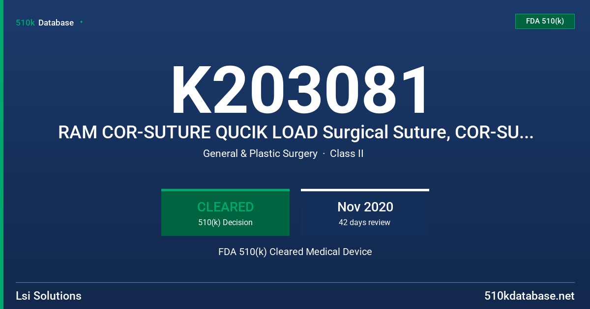 K203081 RAM COR-SUTURE QUCIK LOAD Surgical Suture, COR-SUTURE QUICK LOAD Surgical Suture FDA 510(k) Cleared Medical Device