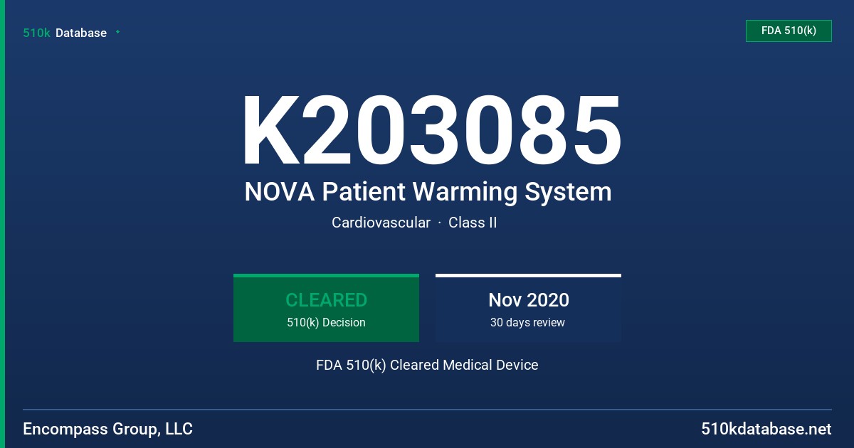K203085 NOVA Patient Warming System FDA 510(k) Cleared Medical Device