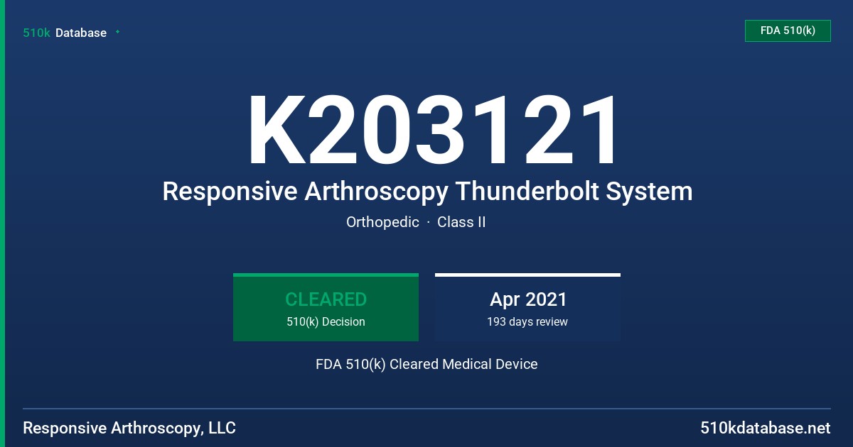 K203121 Responsive Arthroscopy Thunderbolt System FDA 510(k) Cleared Medical Device