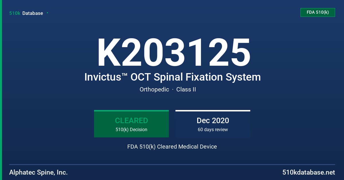 K203125 Invictus™ OCT Spinal Fixation System FDA 510(k) Cleared Medical Device
