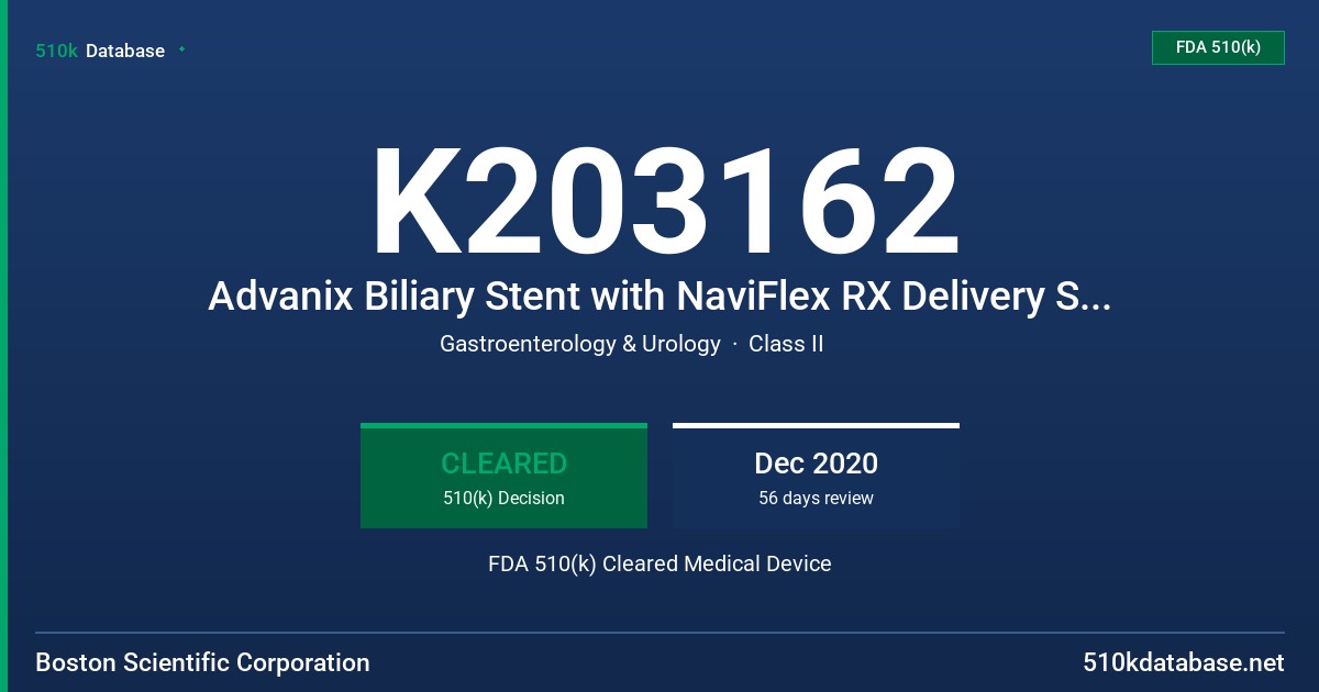 K203162 Advanix Biliary Stent with NaviFlex RX Delivery System FDA 510(k) Cleared Medical Device