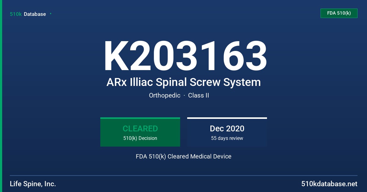 K203163 ARx Illiac Spinal Screw System FDA 510(k) Cleared Medical Device