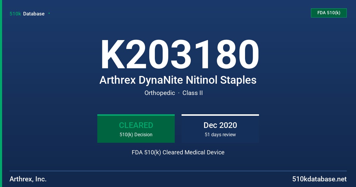 K203180 Arthrex DynaNite Nitinol Staples FDA 510(k) Cleared Medical Device