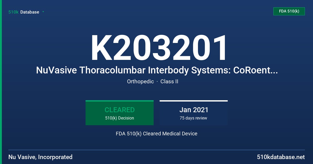 K203201 NuVasive Thoracolumbar Interbody Systems: CoRoent Thoracolumbar System, CoRoent XL Interfixated System, Brigade Hyperlordotic System, Brigade Standalone System, Brigade Lateral System, BASE Interfixated Titanium System, Coalesce Thoracolumbar Interbody Fusion System, Cohere Thoracolumbar Interbody System, Modulus XLIF Interbody System, Modulus TLIF Interbody System, Modulus ALIF System FDA 510(k) Cleared Medical Device