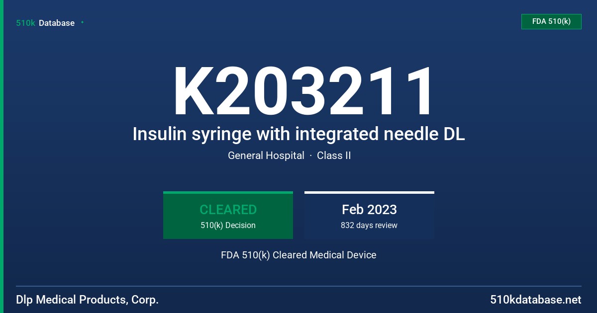 K203211 Insulin syringe with integrated needle DL FDA 510(k) Cleared Medical Device