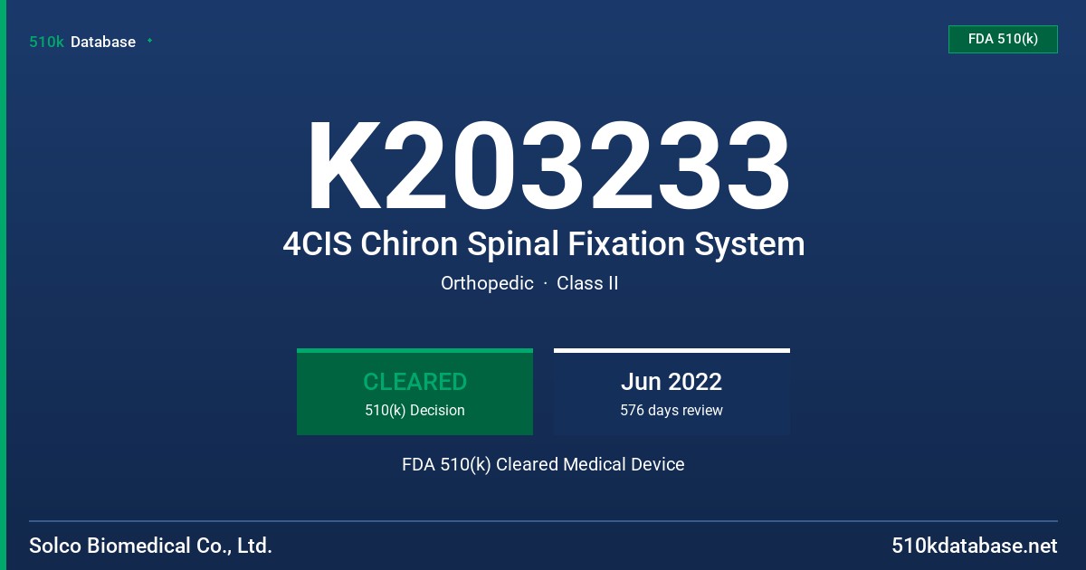 K203233 4CIS Chiron Spinal Fixation System FDA 510(k) Cleared Medical Device
