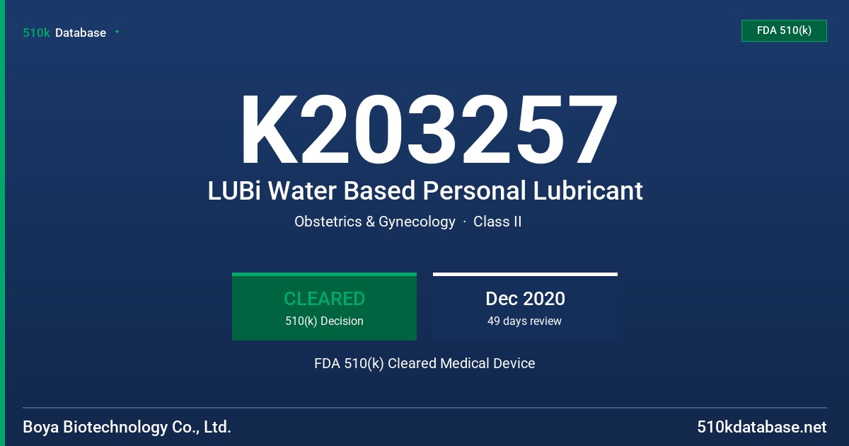 K203257 LUBi Water Based Personal Lubricant FDA 510(k) Cleared Medical Device