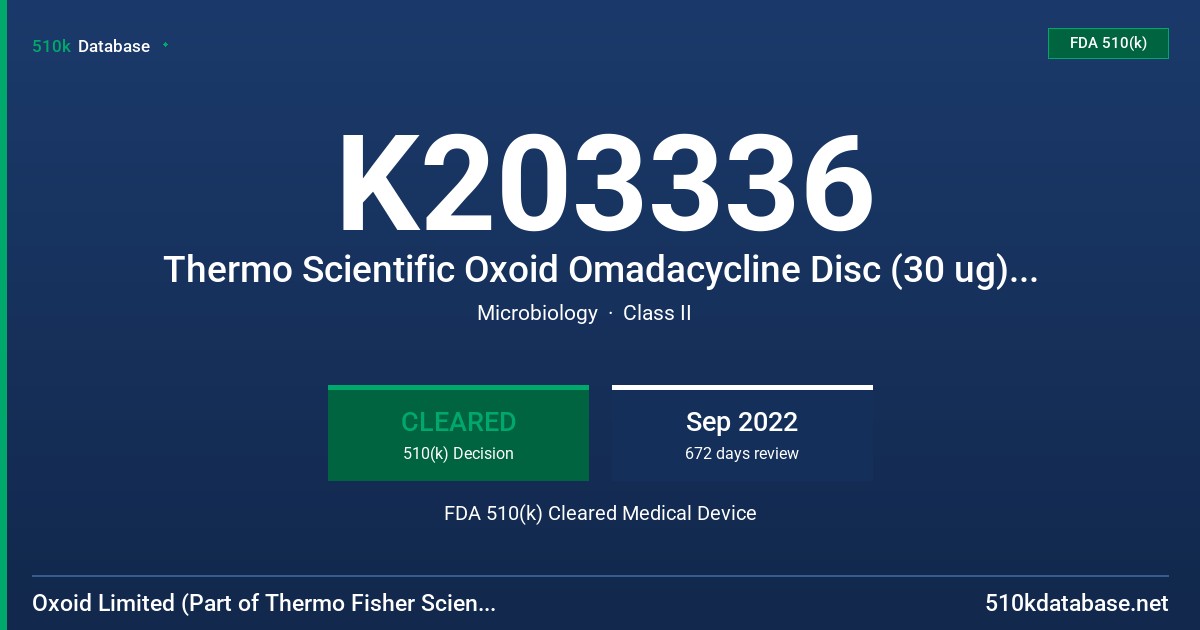 K203336 Thermo Scientific Oxoid Omadacycline Disc (30 ug) OMC30 FDA 510(k) Cleared Medical Device