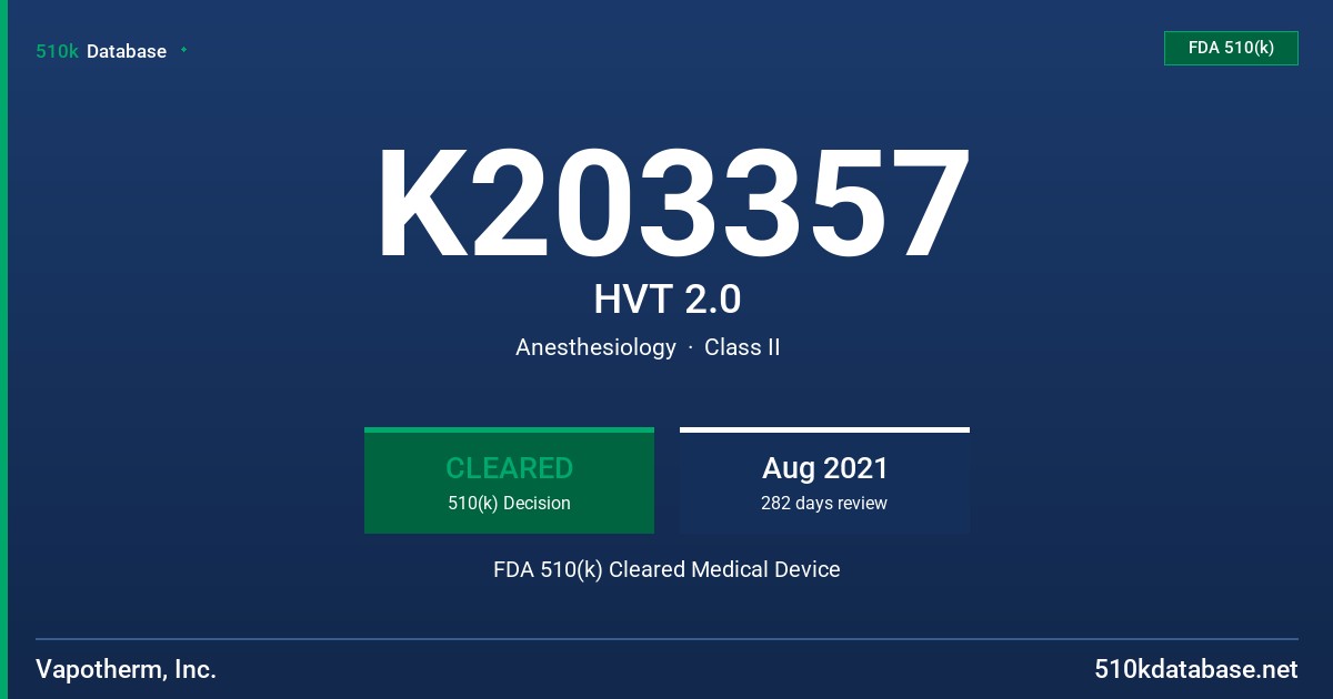 K203357 HVT 2.0 FDA 510(k) Cleared Medical Device