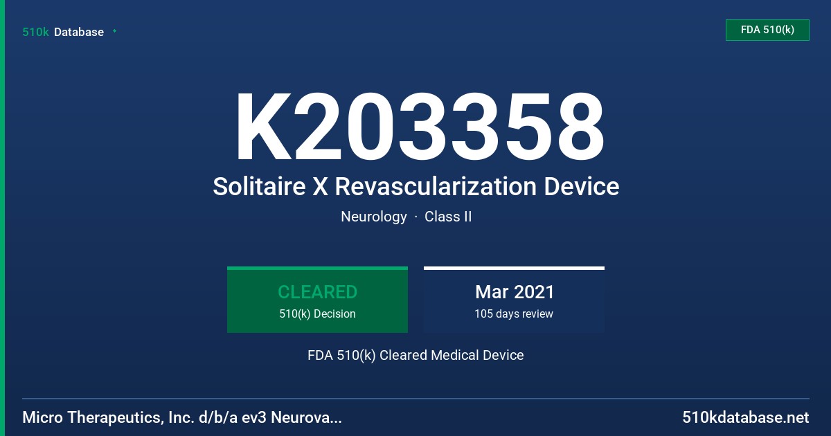 K203358 Solitaire X Revascularization Device FDA 510(k) Cleared Medical Device