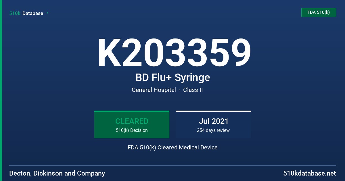 K203359 BD Flu+ Syringe FDA 510(k) Cleared Medical Device