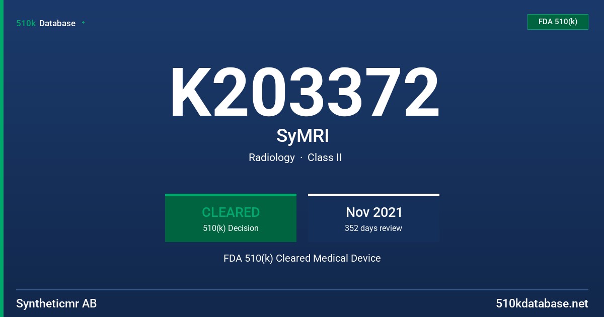 K203372 SyMRI FDA 510(k) Cleared Medical Device