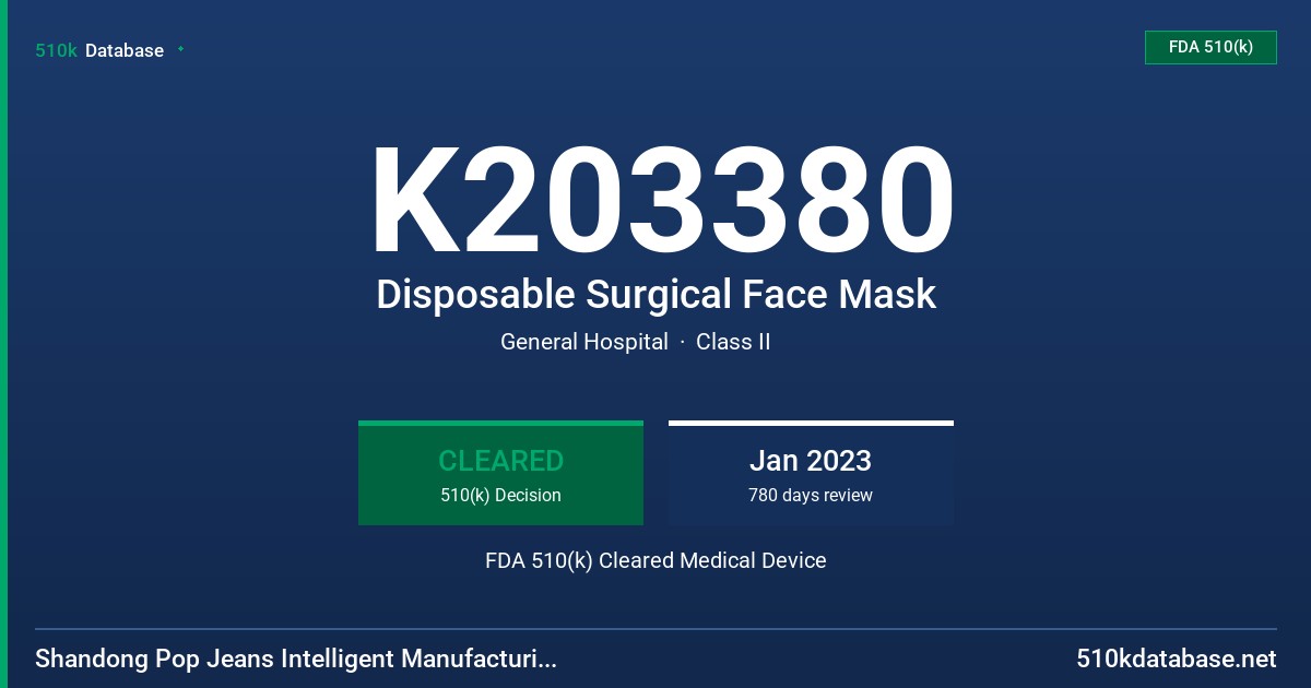 K203380 Disposable Surgical Face Mask FDA 510(k) Cleared Medical Device