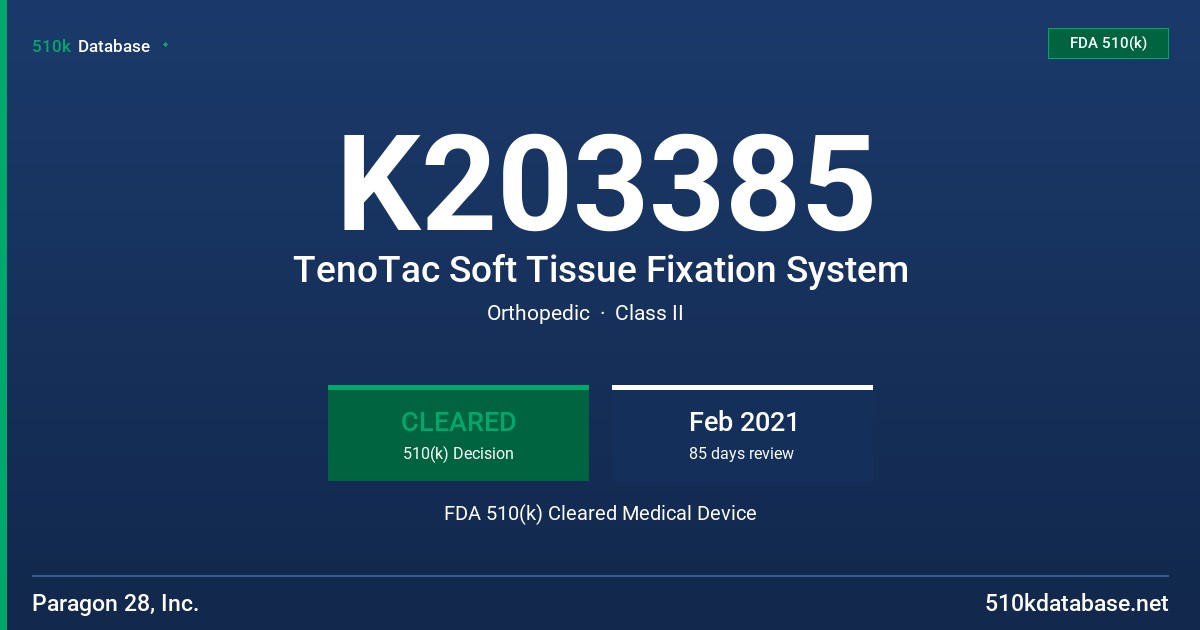 K203385 TenoTac Soft Tissue Fixation System FDA 510(k) Cleared Medical Device