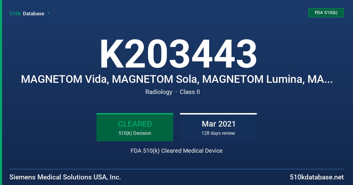 K203443 MAGNETOM Vida, MAGNETOM Sola, MAGNETOM Lumina, MAGNETOM Altea FDA 510(k) Cleared Medical Device