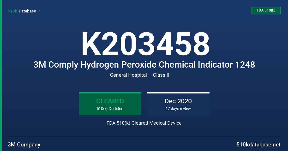 K203458 3M Comply Hydrogen Peroxide Chemical Indicator 1248 FDA 510(k) Cleared Medical Device