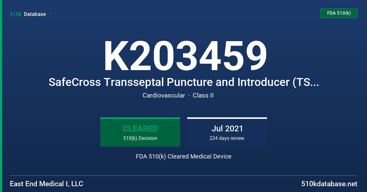 K203459 SafeCross Transseptal Puncture and Introducer (TSP/I) System FDA 510(k) Cleared Medical Device