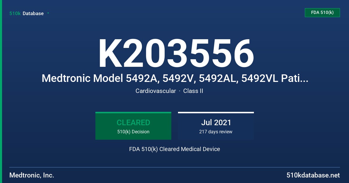 K203556 Medtronic Model 5492A, 5492V, 5492AL, 5492VL Patient Cables FDA 510(k) Cleared Medical Device