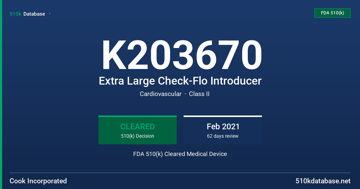 K203670 Extra Large Check-Flo Introducer FDA 510(k) Cleared Medical Device