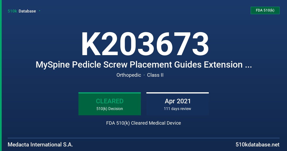 K203673 MySpine Pedicle Screw Placement Guides Extension (MySpine Low Profile Guides, MySpine MC and Drill Pilot Guides, and MySpine S2-Alar/Alar Iliac Guides) FDA 510(k) Cleared Medical Device
