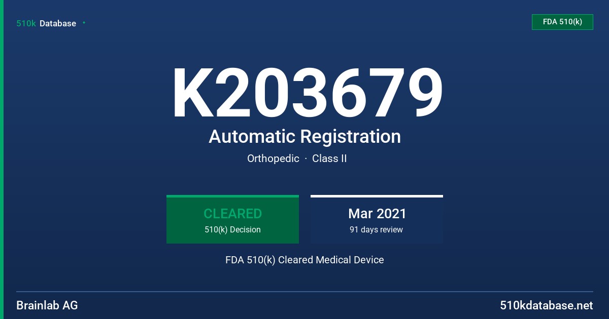 K203679 Automatic Registration FDA 510(k) Cleared Medical Device