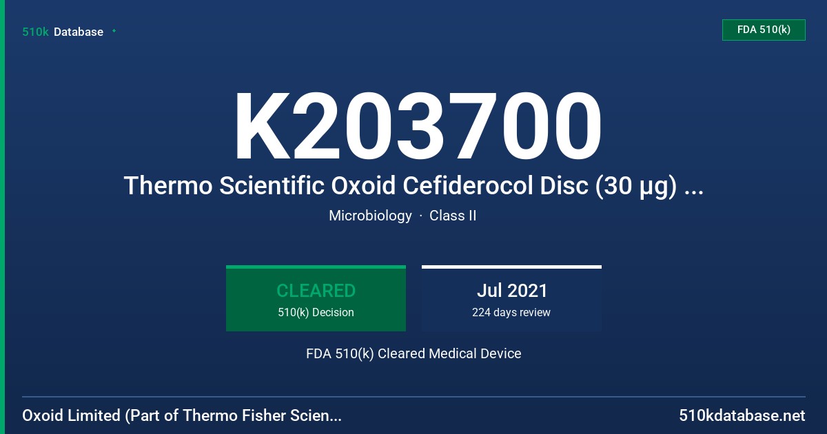 K203700 Thermo Scientific Oxoid Cefiderocol Disc (30 µg) FDC30 FDA 510(k) Cleared Medical Device