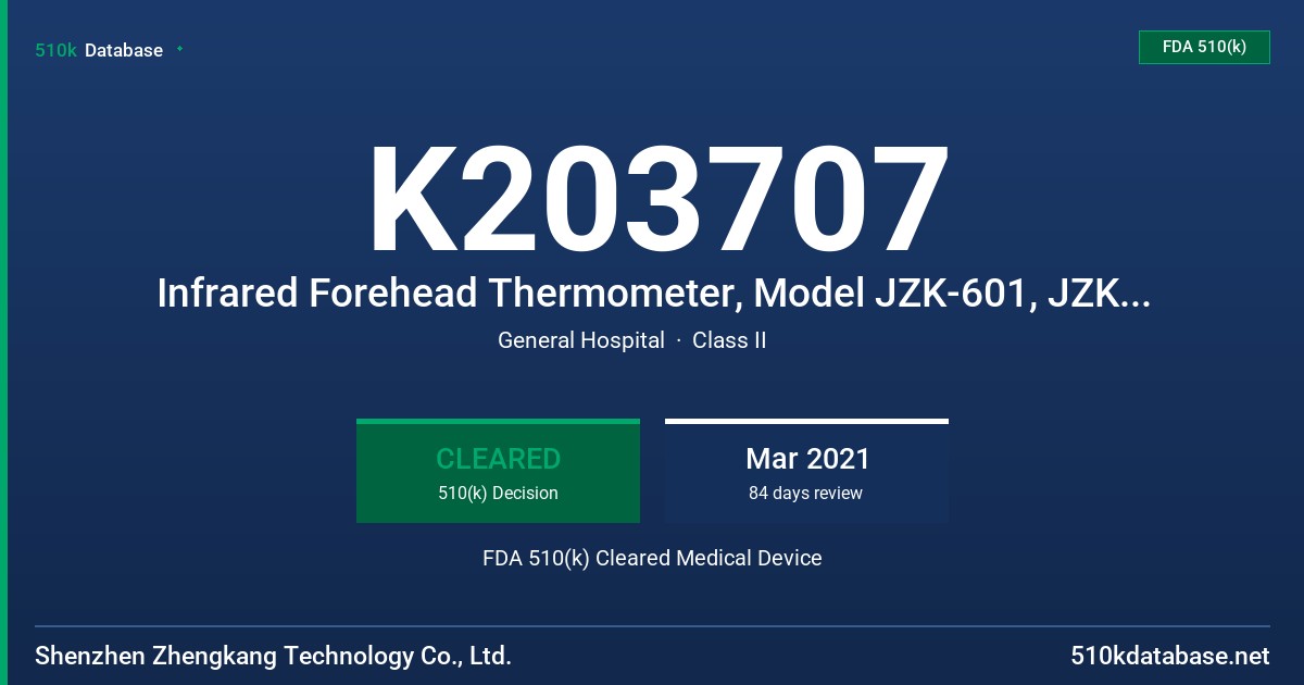 K203707 Infrared Forehead Thermometer, Model JZK-601, JZK-602, JZK-603 FDA 510(k) Cleared Medical Device