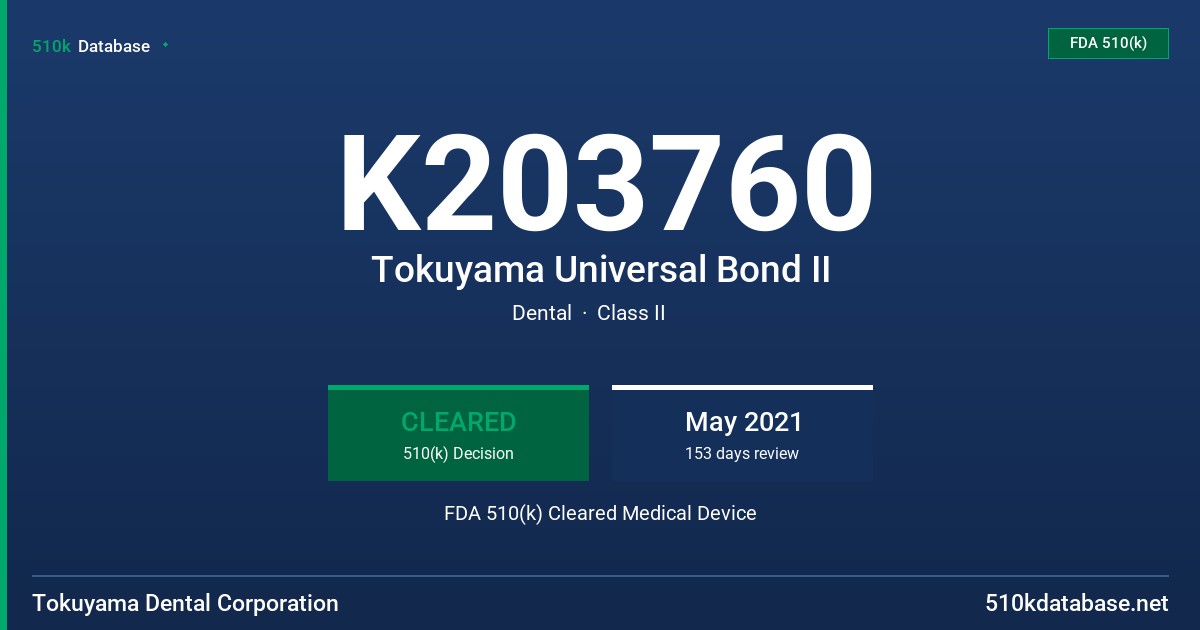 K203760 Tokuyama Universal Bond II FDA 510(k) Cleared Medical Device