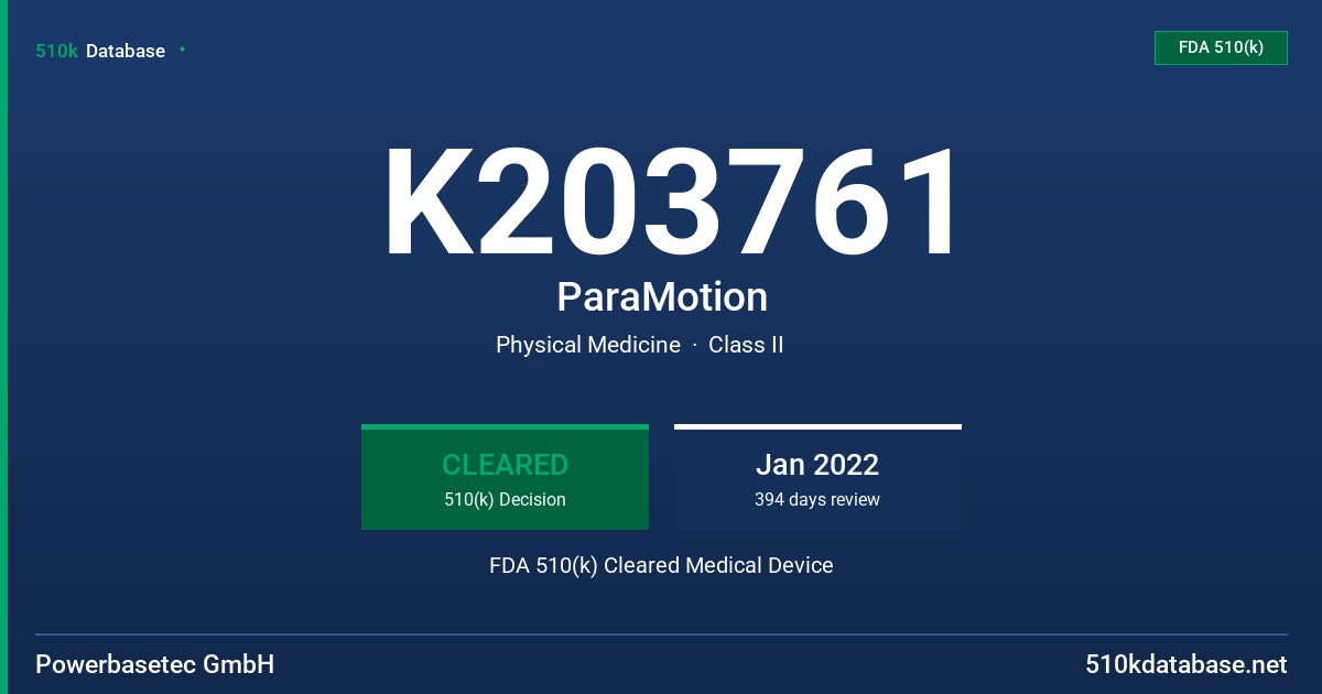 K203761 ParaMotion FDA 510(k) Cleared Medical Device