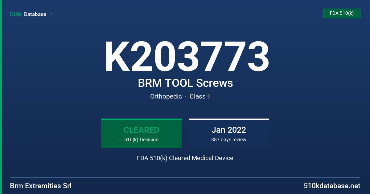 K203773 BRM TOOL Screws FDA 510(k) Cleared Medical Device