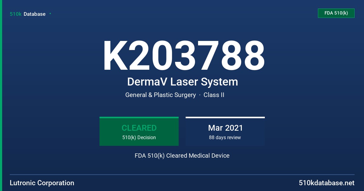 K203788 DermaV Laser System FDA 510(k) Cleared Medical Device
