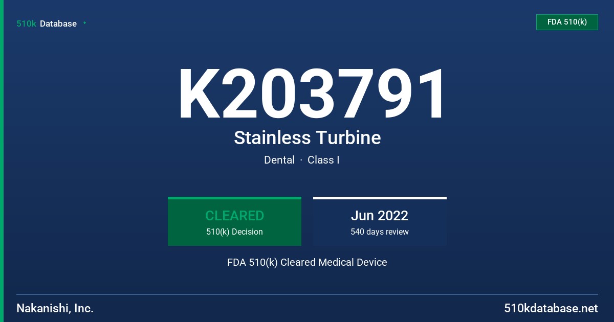 K203791 Stainless Turbine FDA 510(k) Cleared Medical Device