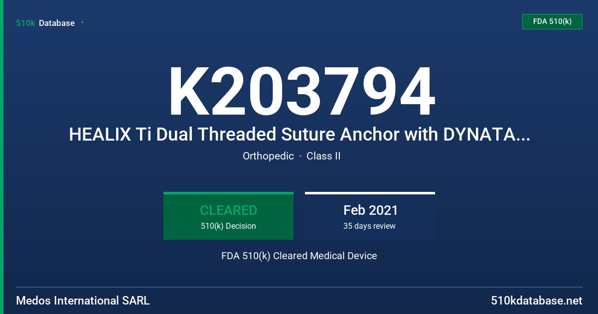 K203794 HEALIX Ti Dual Threaded Suture Anchor with DYNATAPE Suture FDA 510(k) Cleared Medical Device