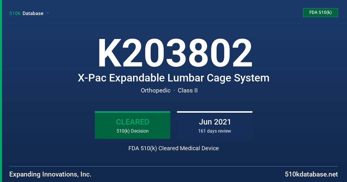 K203802 X-Pac Expandable Lumbar Cage System FDA 510(k) Cleared Medical Device