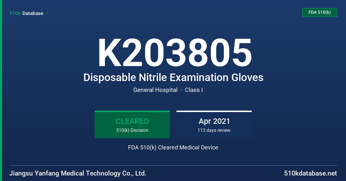 K203805 Disposable Nitrile Examination Gloves FDA 510(k) Cleared Medical Device
