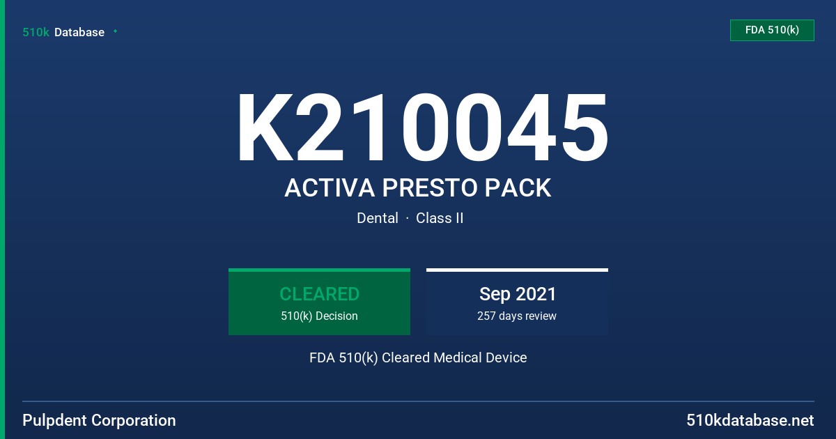 K210045 ACTIVA PRESTO PACK FDA 510(k) Cleared Medical Device