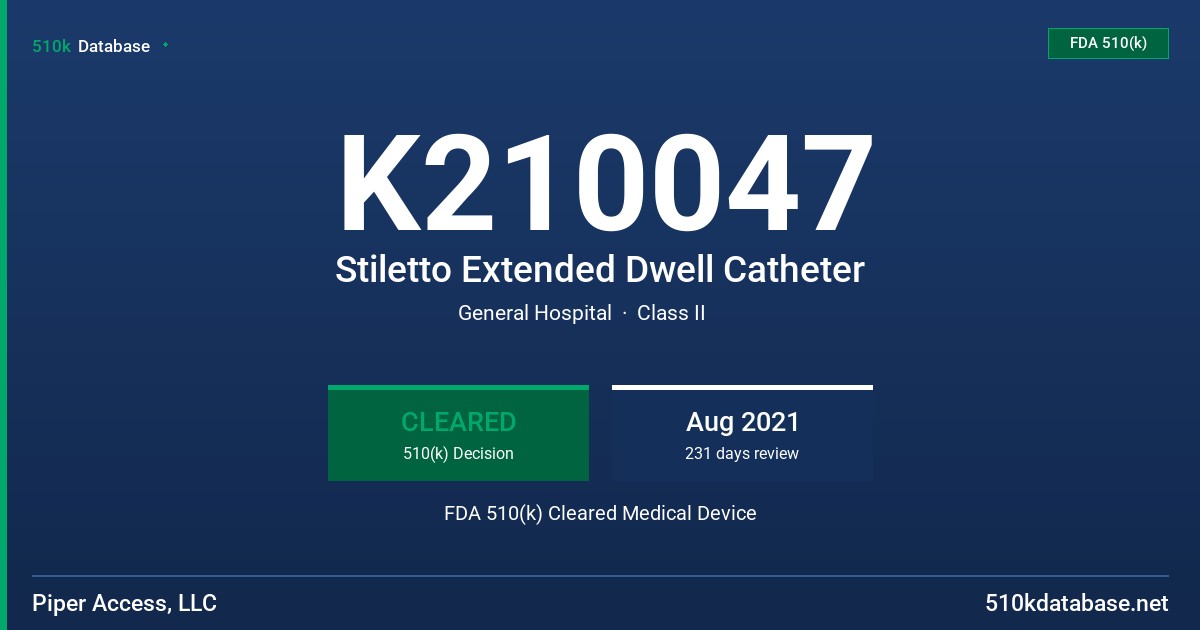 K210047 Stiletto Extended Dwell Catheter FDA 510(k) Cleared Medical Device