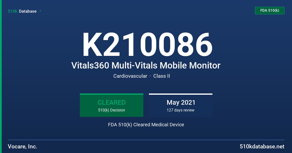 K210086 Vitals360 Multi-Vitals Mobile Monitor FDA 510(k) Cleared Medical Device