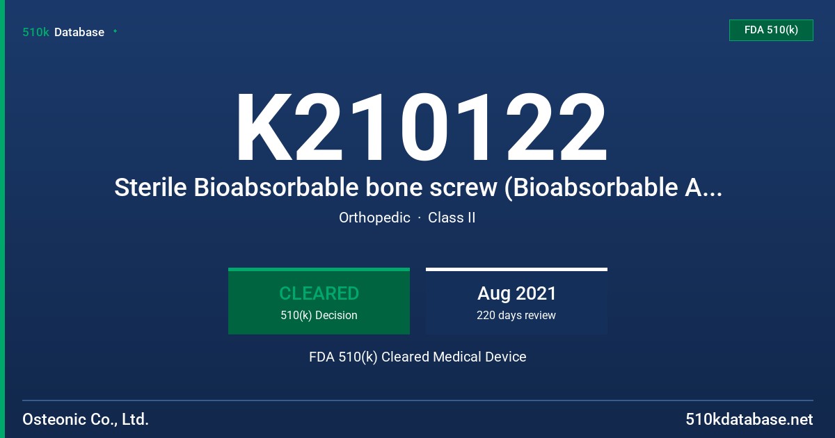 K210122 Sterile Bioabsorbable bone screw (Bioabsorbable ACL screw) FDA 510(k) Cleared Medical Device