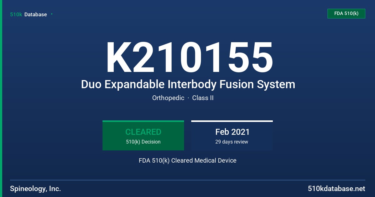 K210155 Duo Expandable Interbody Fusion System FDA 510(k) Cleared Medical Device