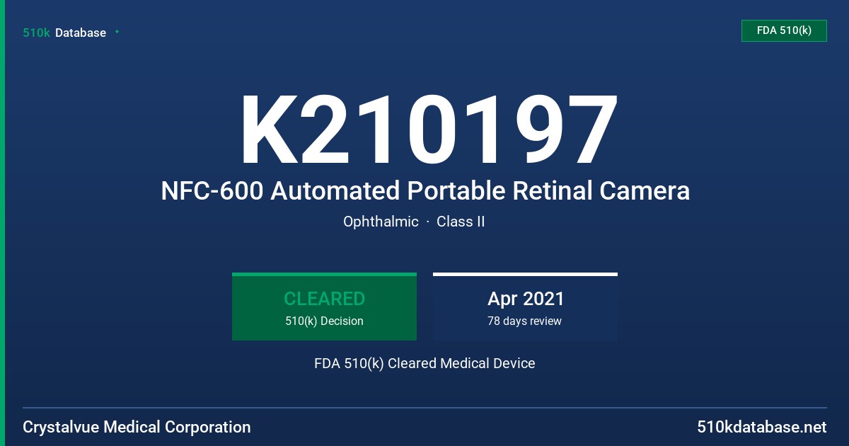 K210197 NFC-600 Automated Portable Retinal Camera FDA 510(k) Cleared Medical Device