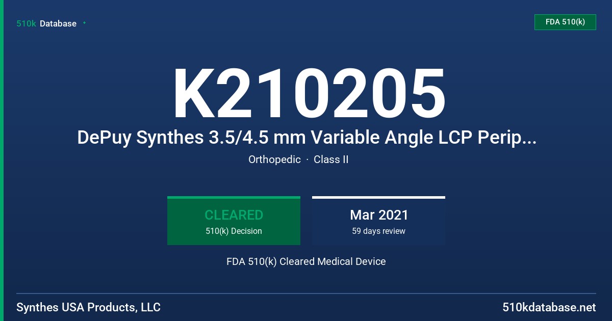 K210205 DePuy Synthes 3.5/4.5 mm Variable Angle LCP Periprosthetic Proximal Femur Plating System FDA 510(k) Cleared Medical Device