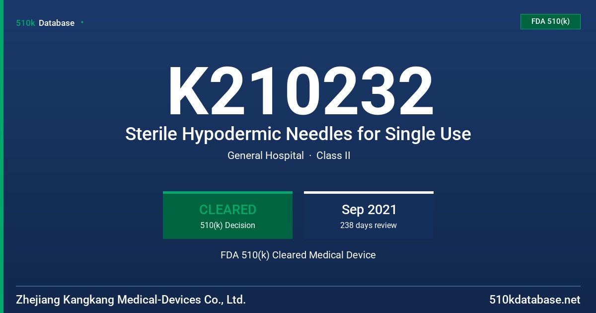 K210232 Sterile Hypodermic Needles for Single Use FDA 510(k) Cleared Medical Device