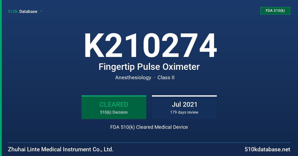 K210274 Fingertip Pulse Oximeter FDA 510(k) Cleared Medical Device
