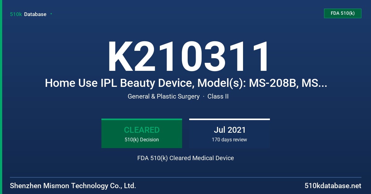 K210311 Home Use IPL Beauty Device, Model(s): MS-208B, MS-212B, MS-216B, MS-218B, MELSYA-M6, MELSYA-M7. FDA 510(k) Cleared Medical Device